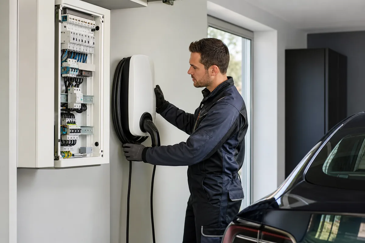 Installateur IRVE contrôlant une borne de recharge et un tableau électrique dans un garage résidentiel
