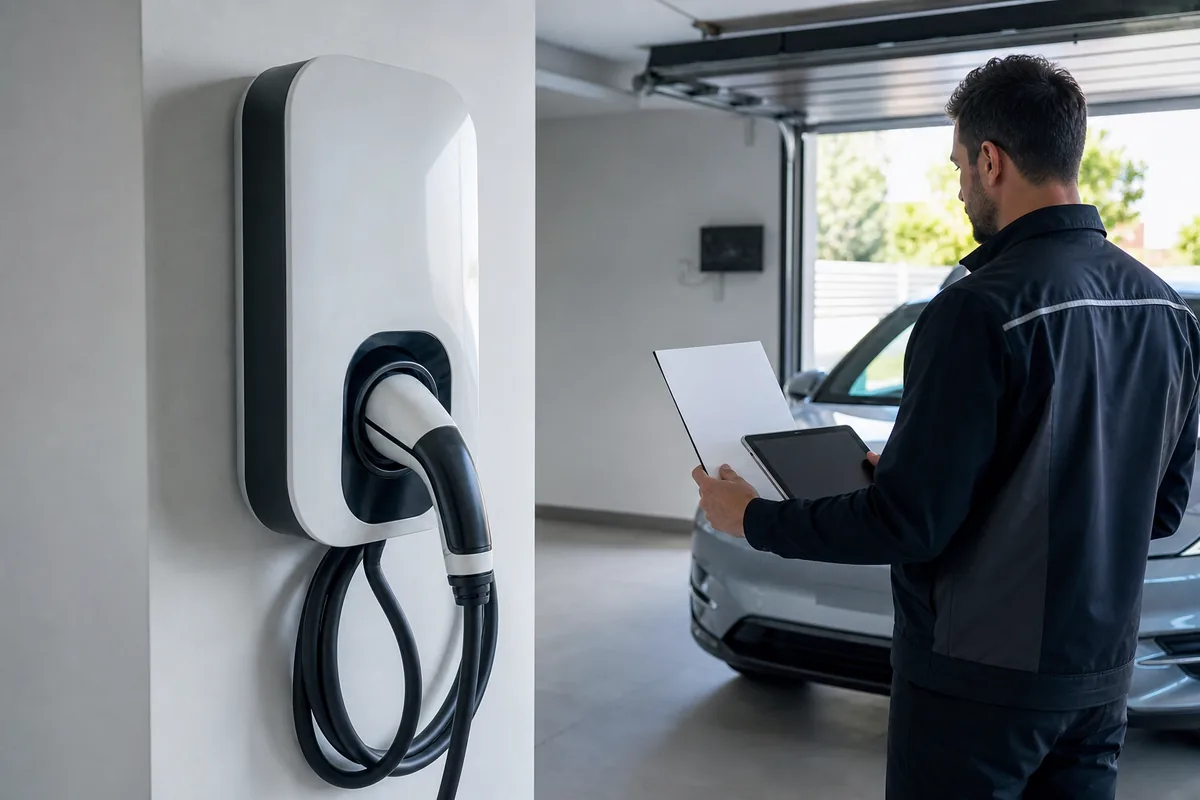 Électricien IRVE vérifiant un devis devant une borne de recharge installée dans un garage