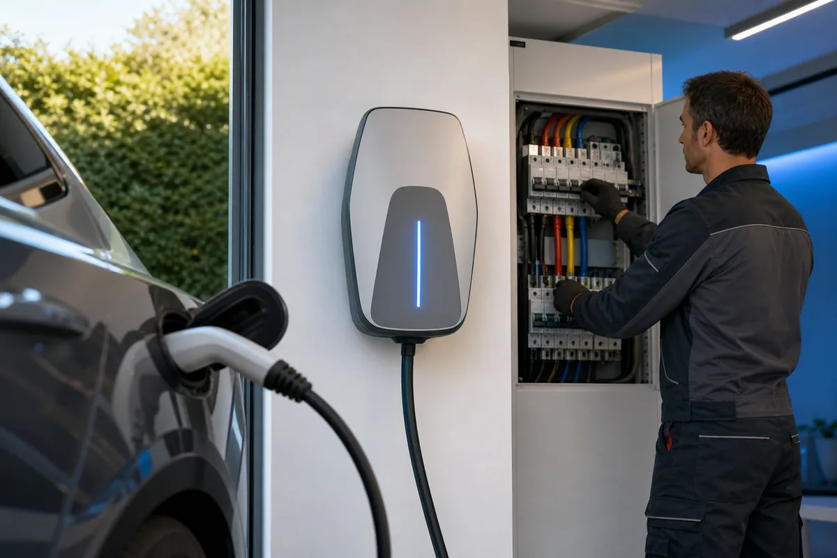 Borne de recharge murale avec électricien devant un tableau triphasé