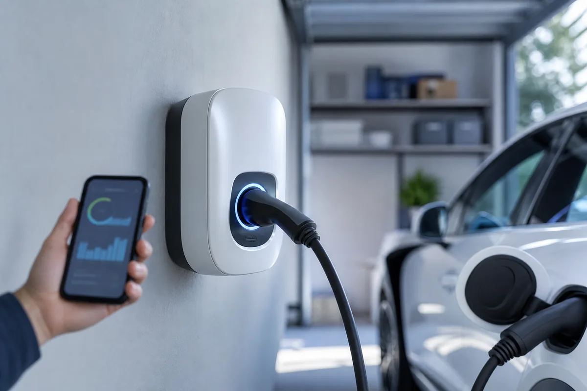 Borne de recharge murale connectée dans un garage avec smartphone en main