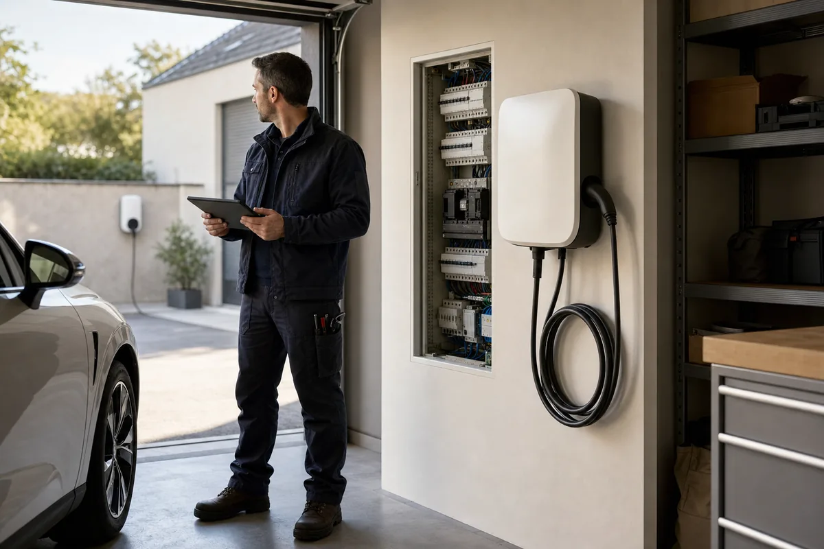 Installateur IRVE vérifiant une borne de recharge et un tableau électrique dans un garage à Châteaudun
