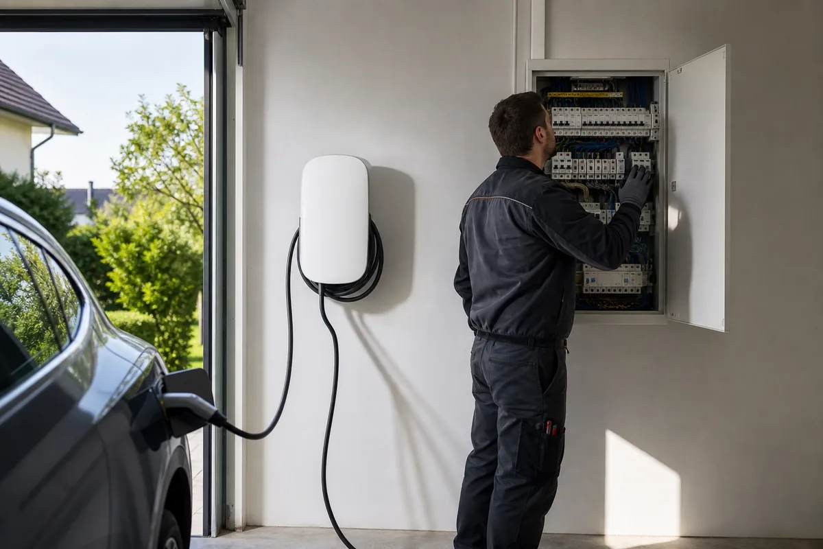 Installateur IRVE vérifiant une borne de recharge et un tableau électrique dans un garage près de Dreux