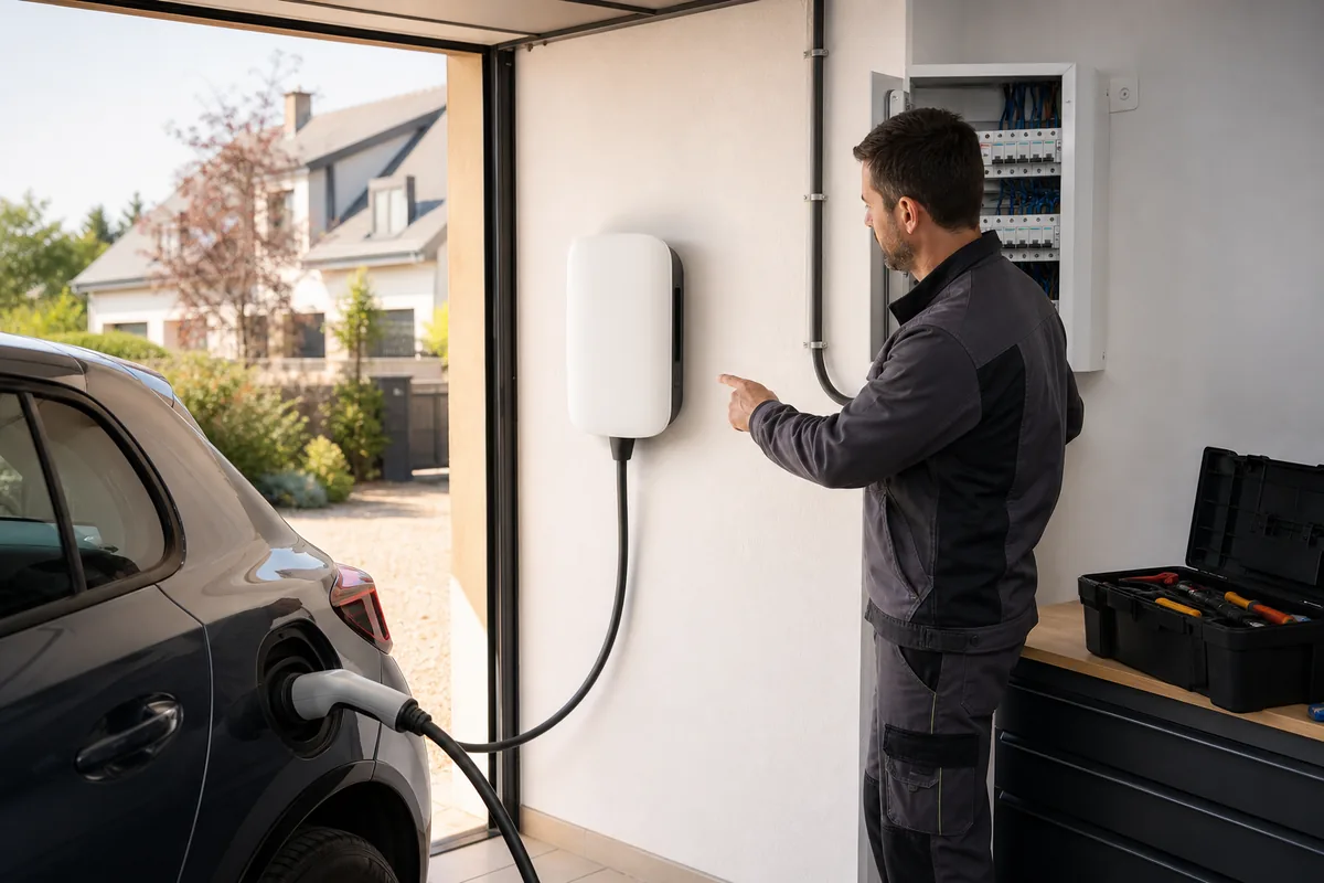 Installateur IRVE vérifiant une borne de recharge et un tableau électrique dans une maison individuelle à Lucé