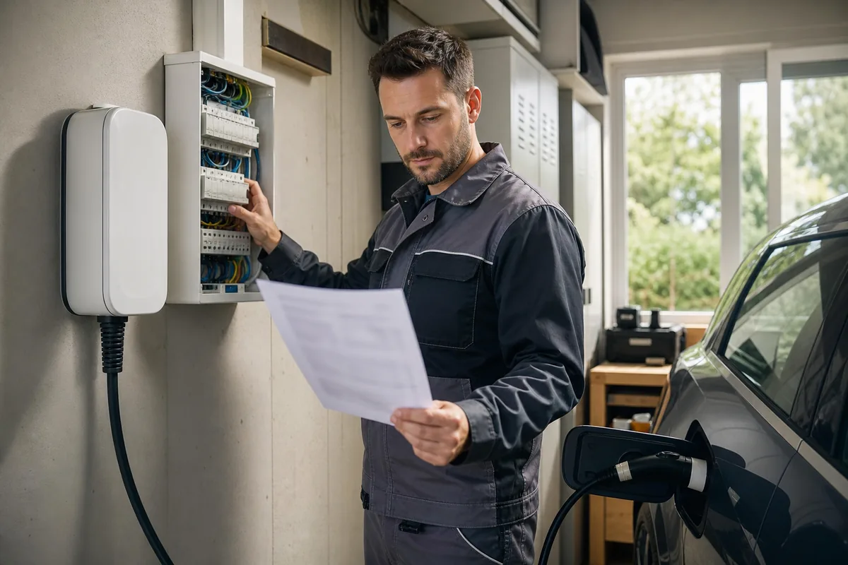 Installateur IRVE vérifiant un devis, une borne de recharge et un tableau électrique dans un garage à Mainvilliers
