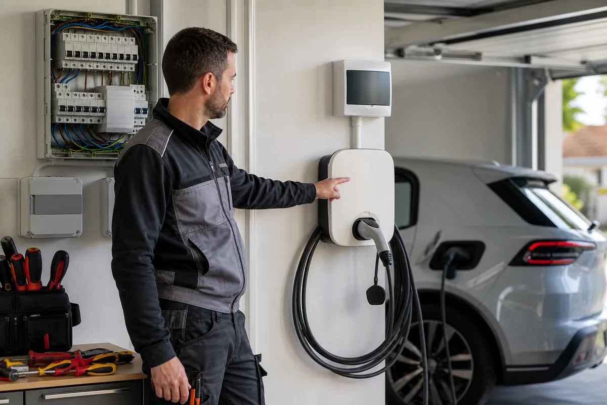 Installateur IRVE vérifiant une wallbox et un tableau électrique pour une borne de recharge à Nogent-le-Rotrou