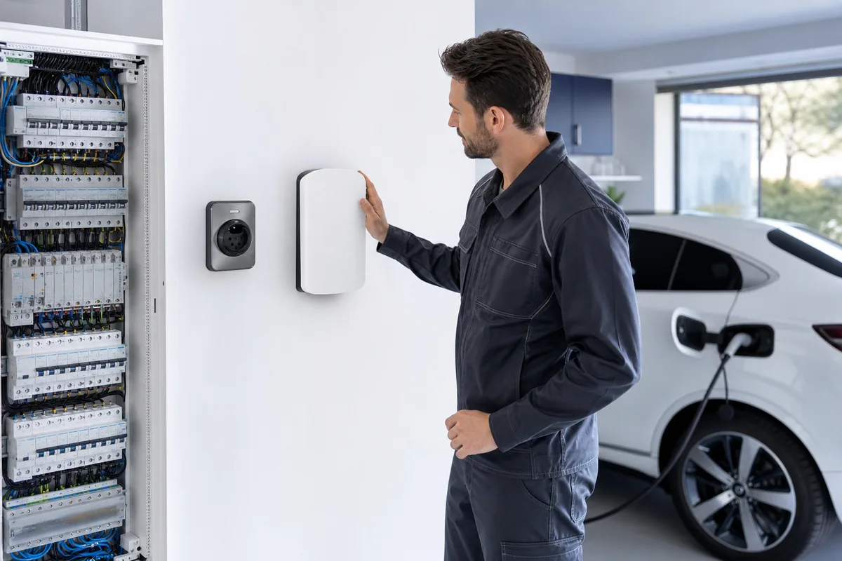 Électricien IRVE comparant une prise renforcée et une wallbox dans un garage près de Vernouillet