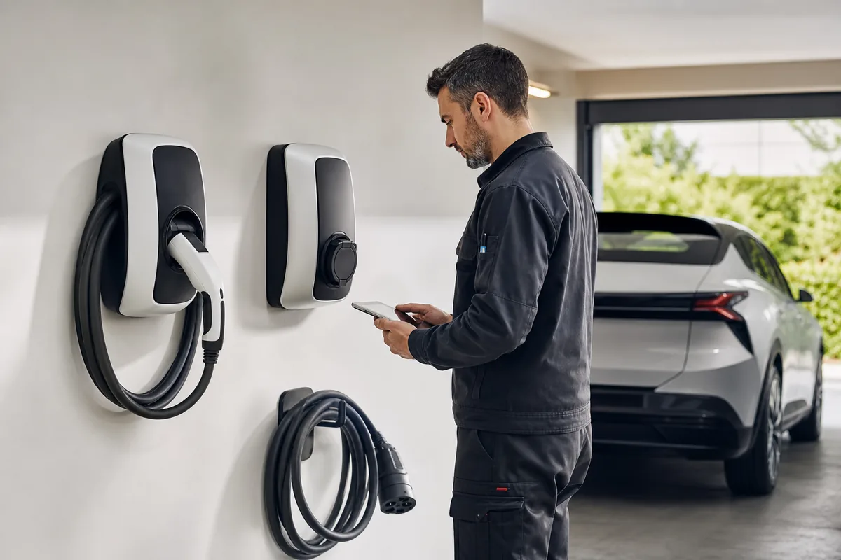 Électricien IRVE devant deux bornes de recharge, une avec câble attaché et une avec prise T2
