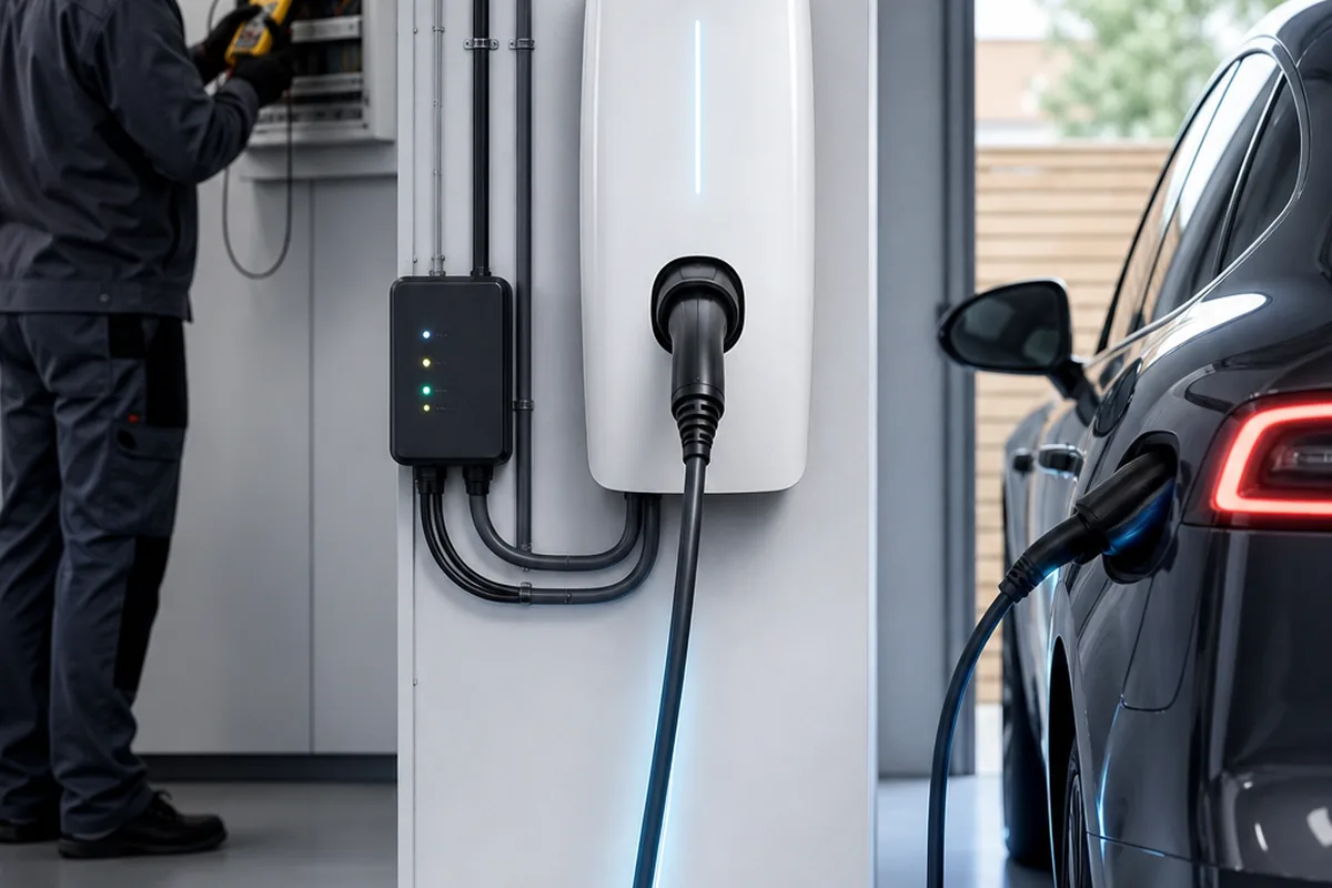 Électricien IRVE contrôlant un tableau électrique près d’une wallbox avec délestage dans un garage