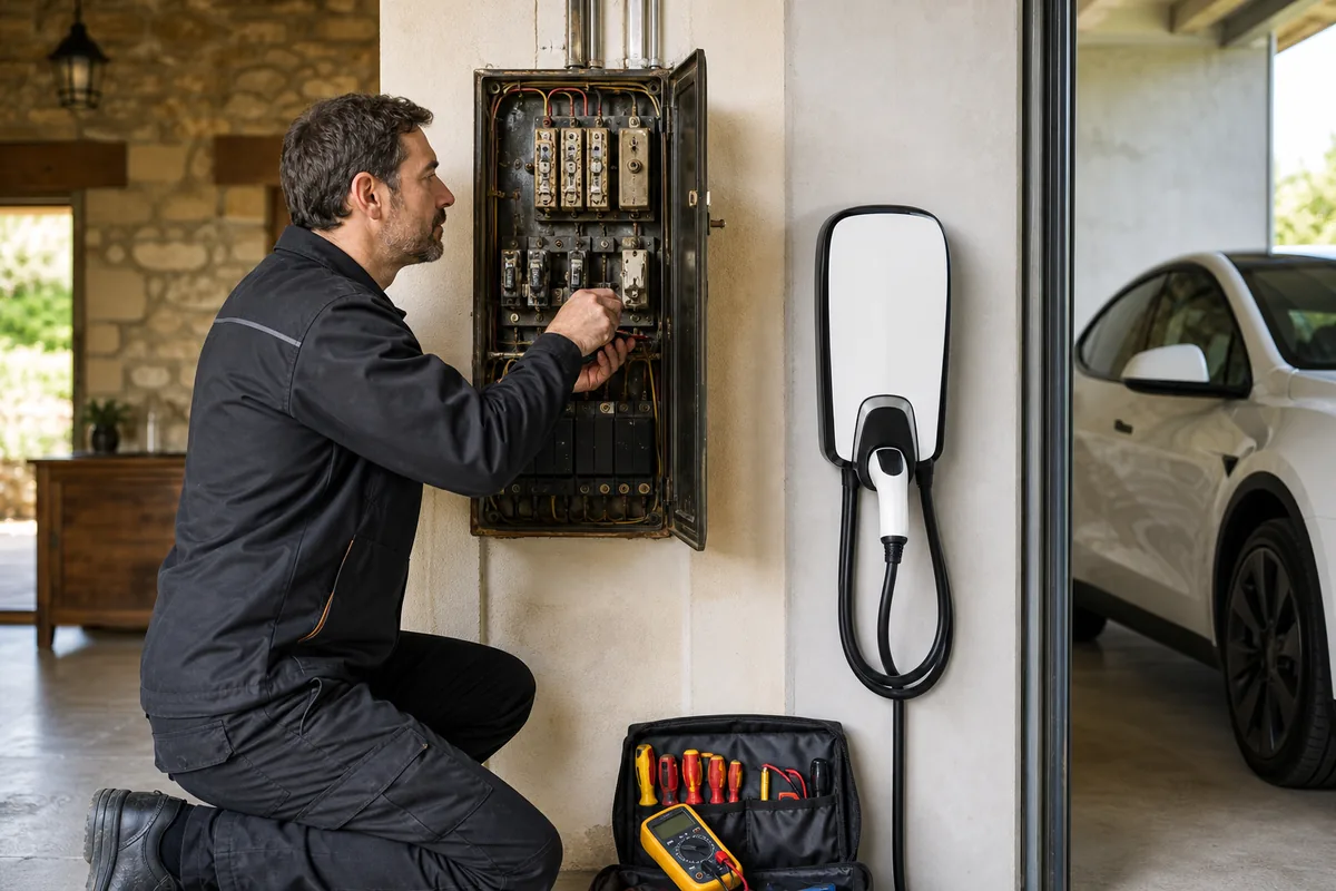 Électricien IRVE vérifiant un ancien tableau électrique près d’une borne de recharge domestique