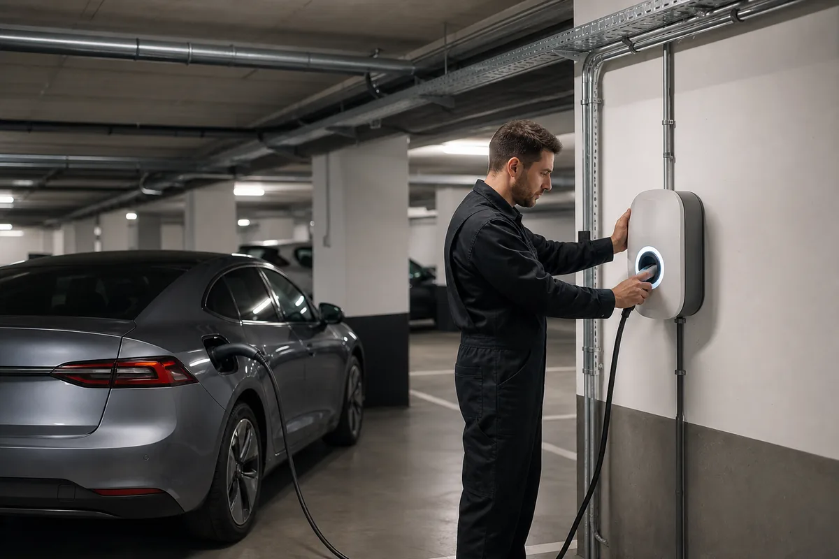 Électricien contrôlant une borne de recharge dans un parking de copropriété