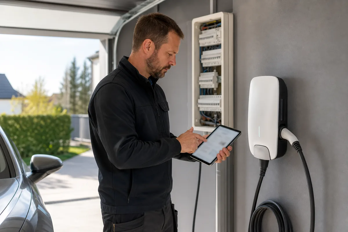 Installateur IRVE contrôlant une borne de recharge dans un garage en Eure-et-Loir