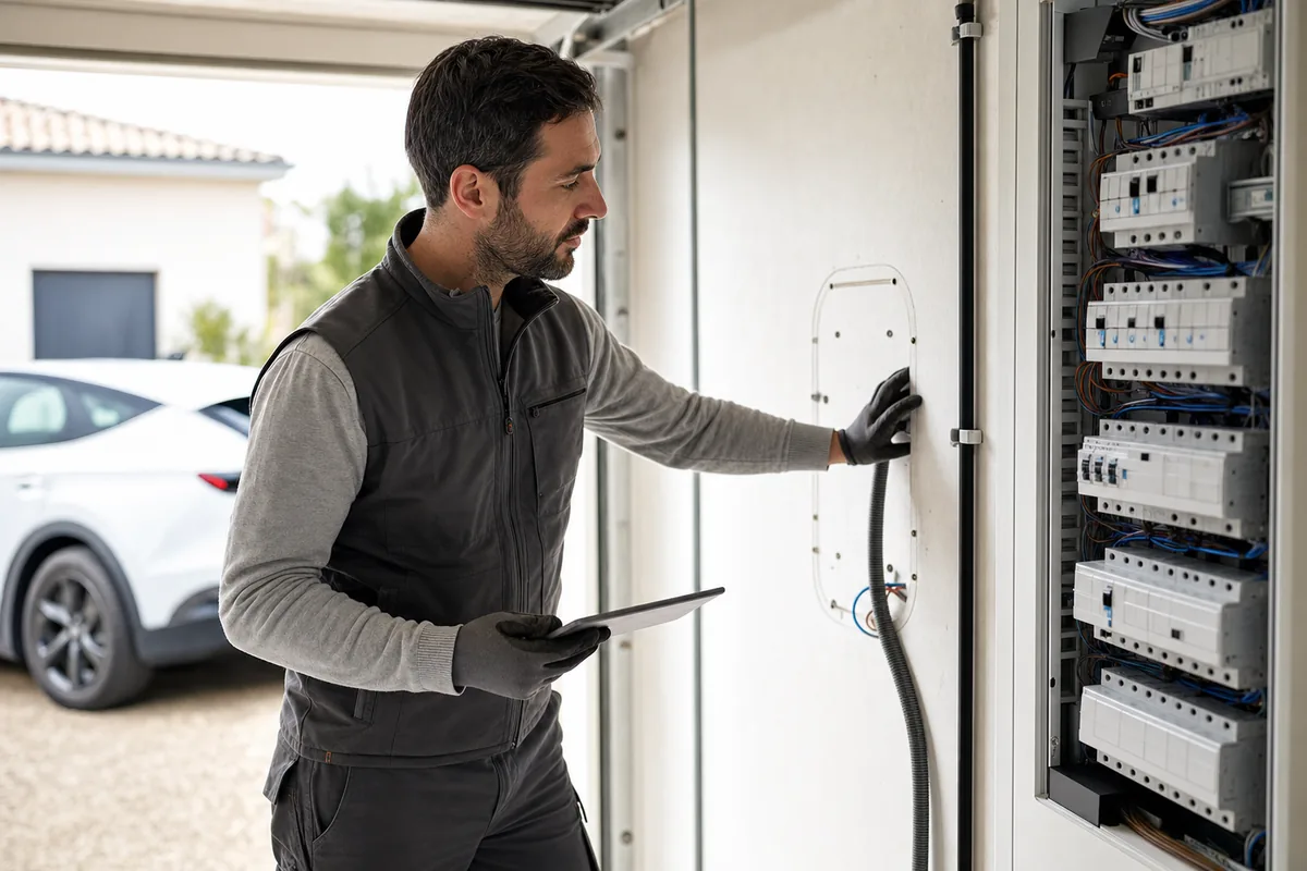 Électricien IRVE préparant une réservation pour borne de recharge dans le garage d’une maison neuve