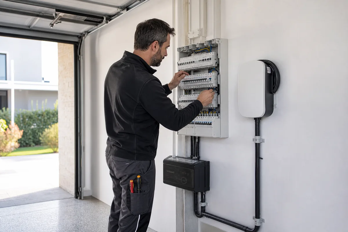 Électricien IRVE vérifiant un tableau électrique dans un garage rénové avec une borne de recharge murale