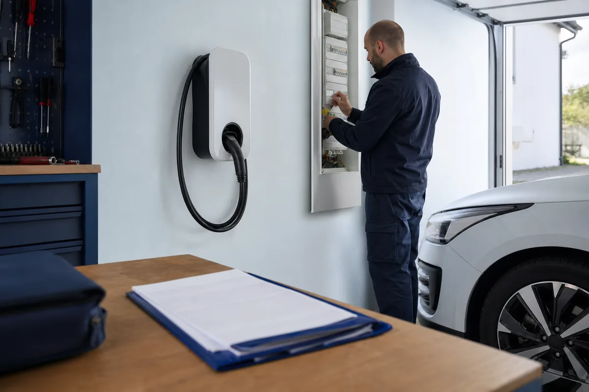 Électricien IRVE vérifiant une borne de recharge domestique avec un dossier d’assurance au premier plan