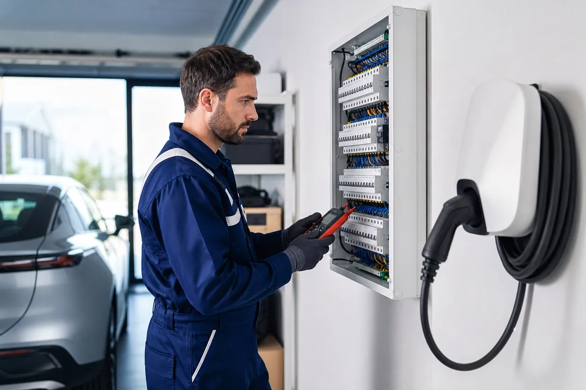 Électricien IRVE réalisant un diagnostic électrique près d’une borne de recharge domestique