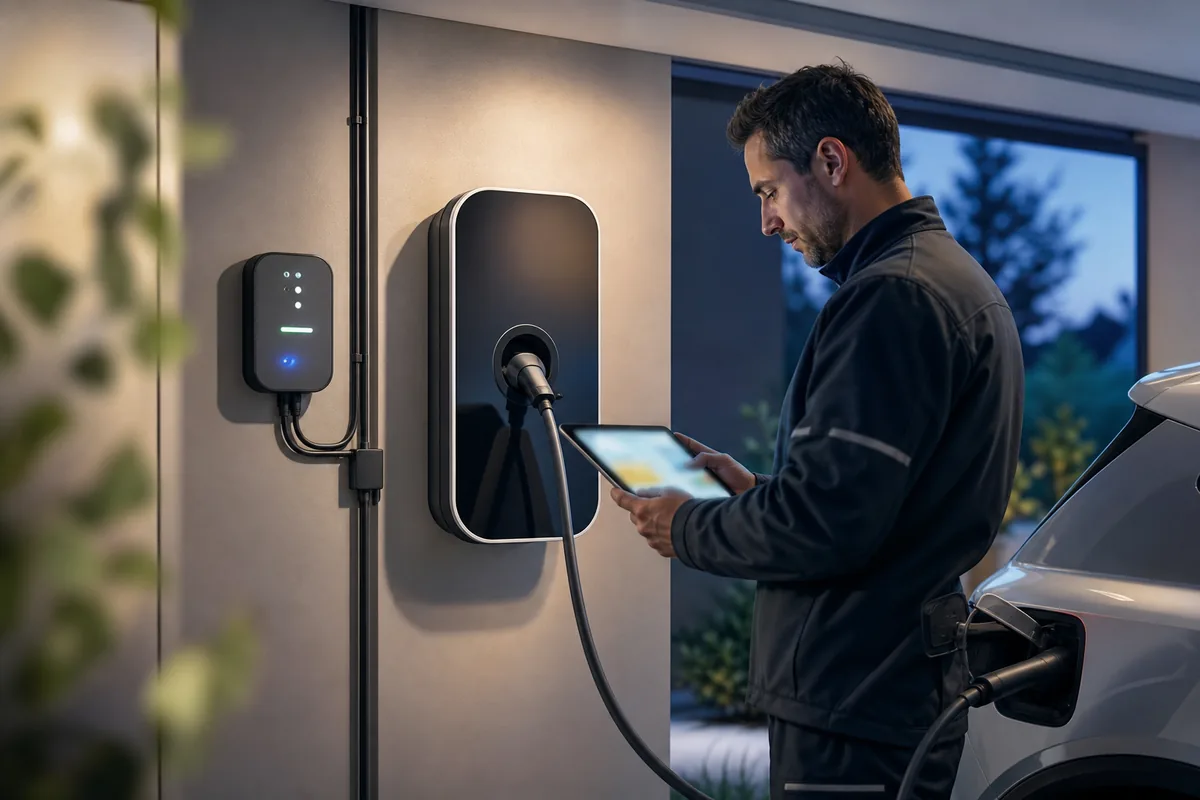 Électricien IRVE contrôlant une wallbox programmée pour la recharge en heures creuses