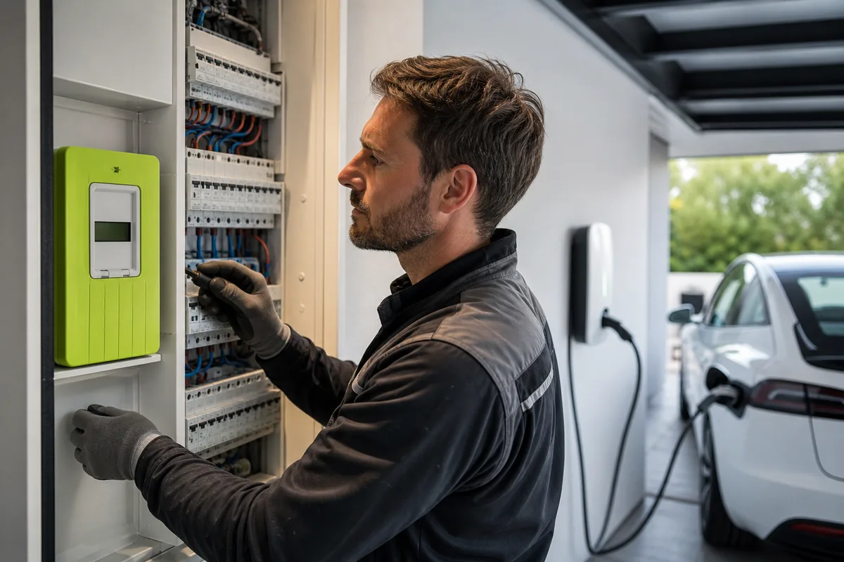 Électricien IRVE vérifiant un compteur communicant et un tableau électrique près d’une borne de recharge à domicile