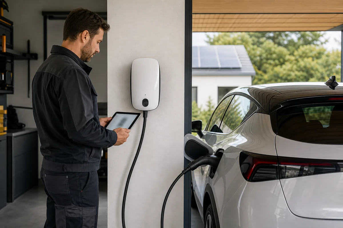 Électricien IRVE contrôlant une wallbox reliée à une voiture électrique avec panneaux solaires en arrière-plan