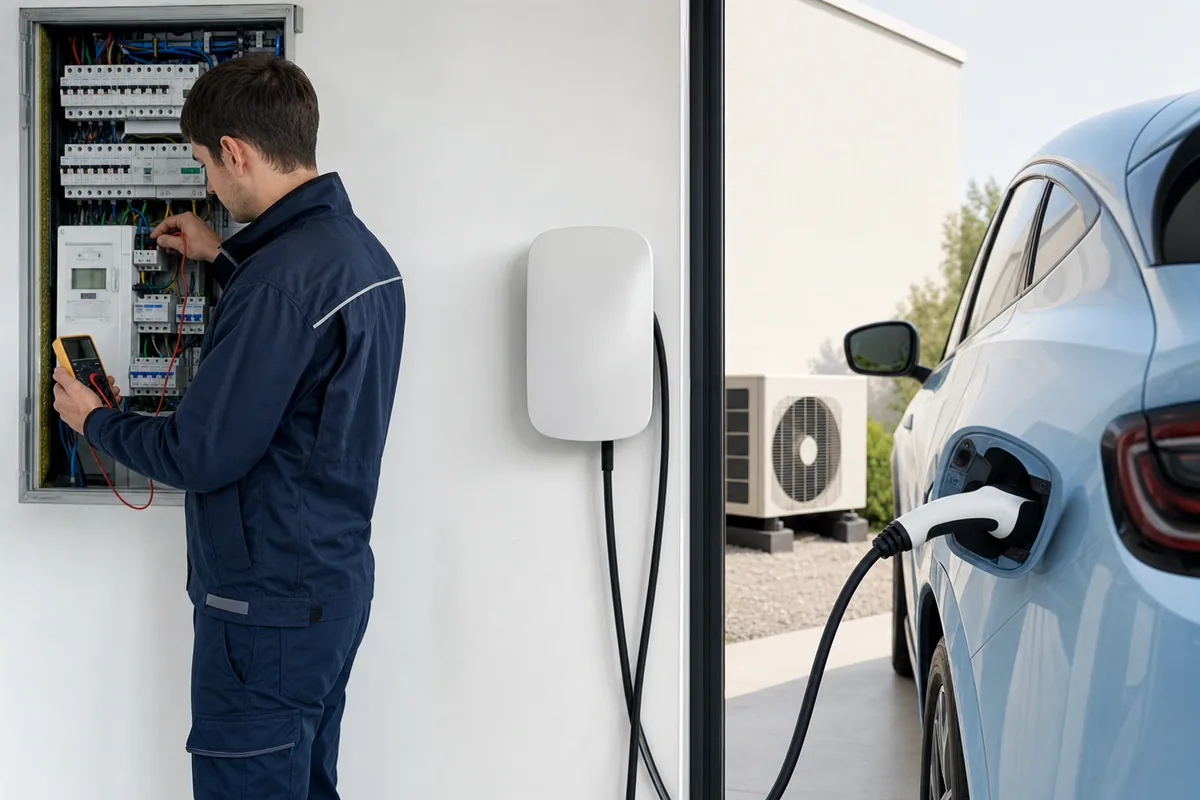 Électricien IRVE vérifiant un tableau électrique avec une borne de recharge et une pompe à chaleur à proximité