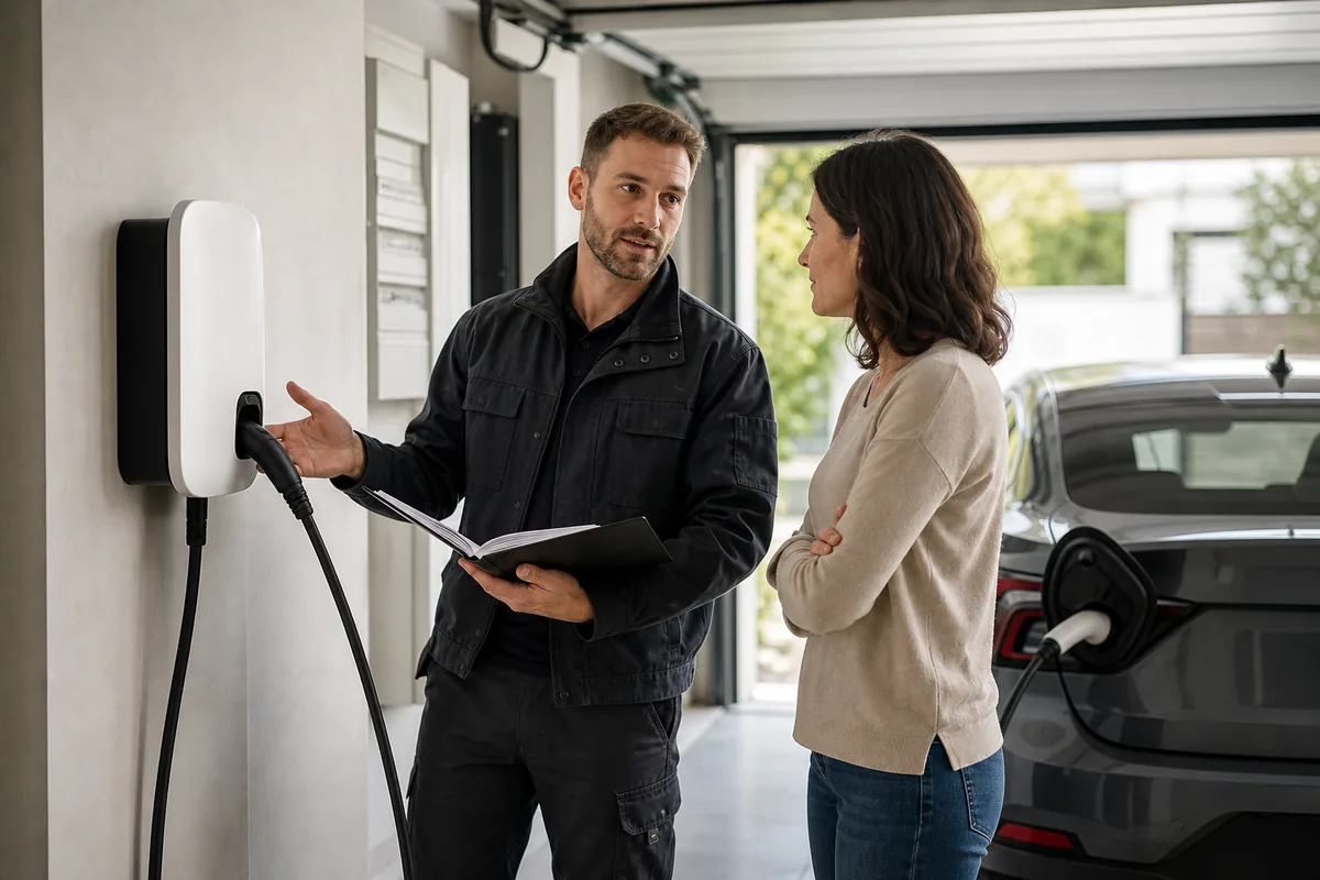 Électricien IRVE présentant une wallbox domestique et ses documents lors d’une visite de maison