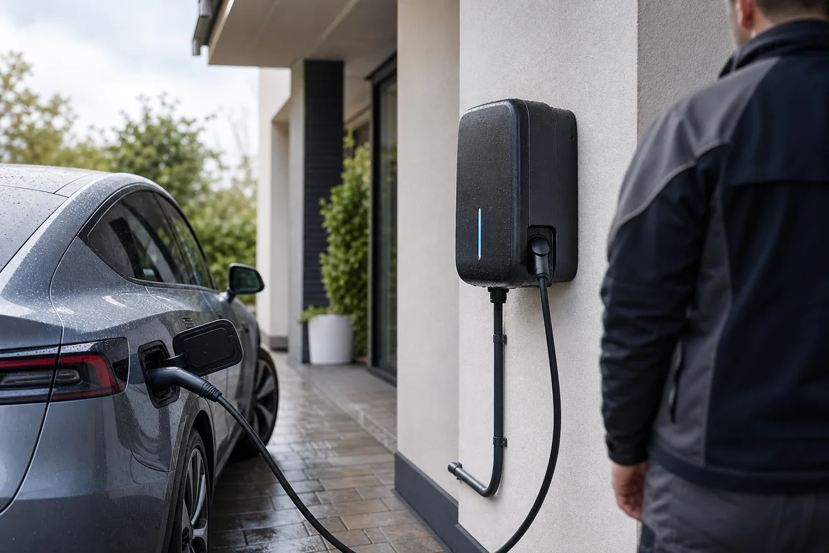 Borne de recharge extérieure installée sur une façade avec voiture électrique branchée