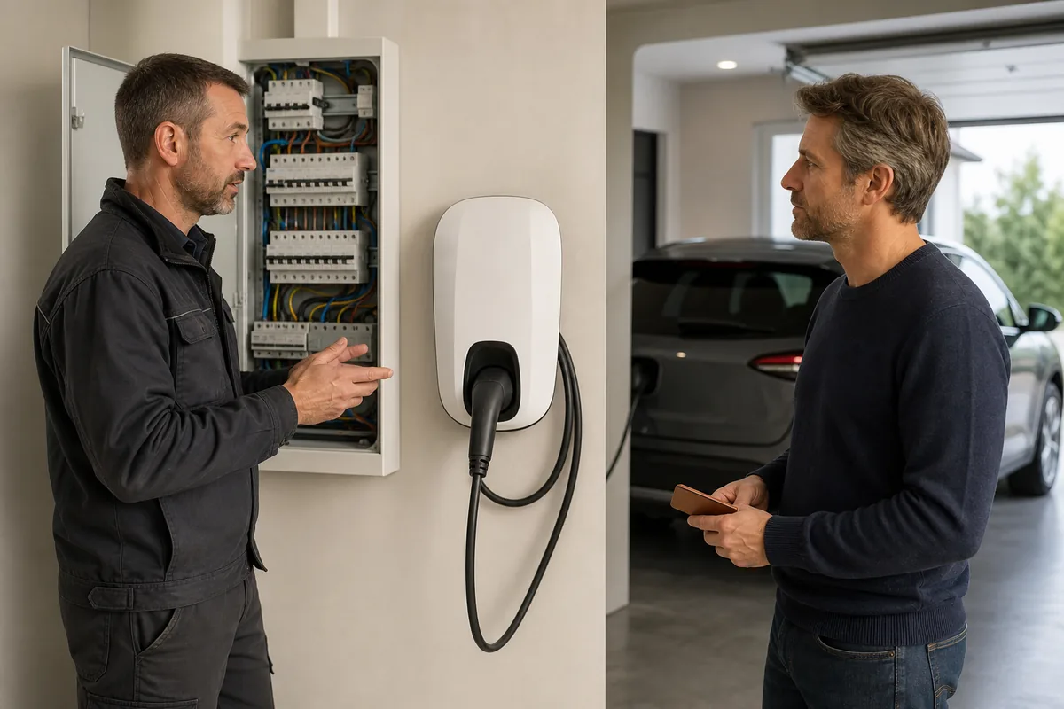 Électricien IRVE expliquant les vérifications d’une borne de recharge devant un tableau électrique ouvert
