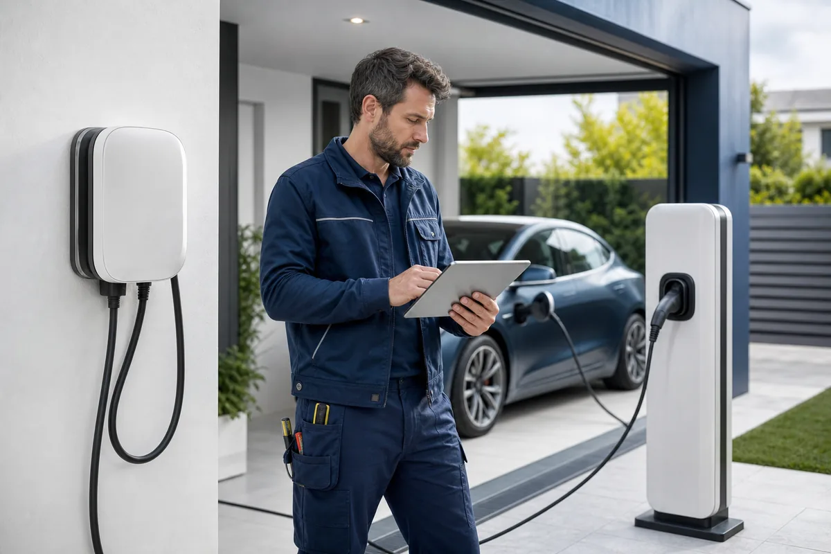 Électricien IRVE comparant une borne de recharge murale et une borne sur pied dans un garage résidentiel