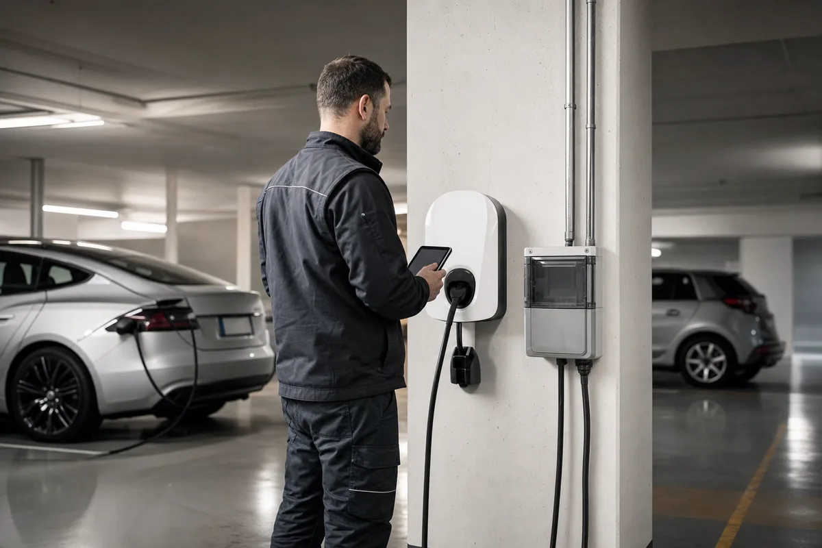 Électricien IRVE contrôlant une borne de recharge partagée dans un parking de copropriété