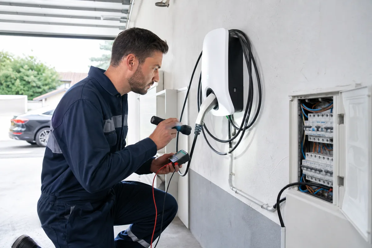 Électricien IRVE contrôlant une borne de recharge domestique et un tableau électrique ouvert