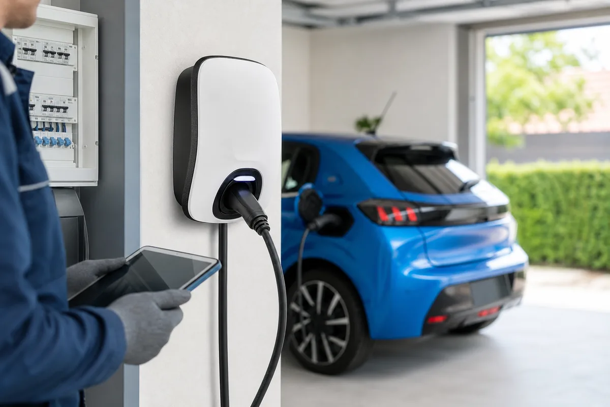 Borne de recharge murale pour Peugeot e-208 dans un garage avec contrôle par un électricien IRVE