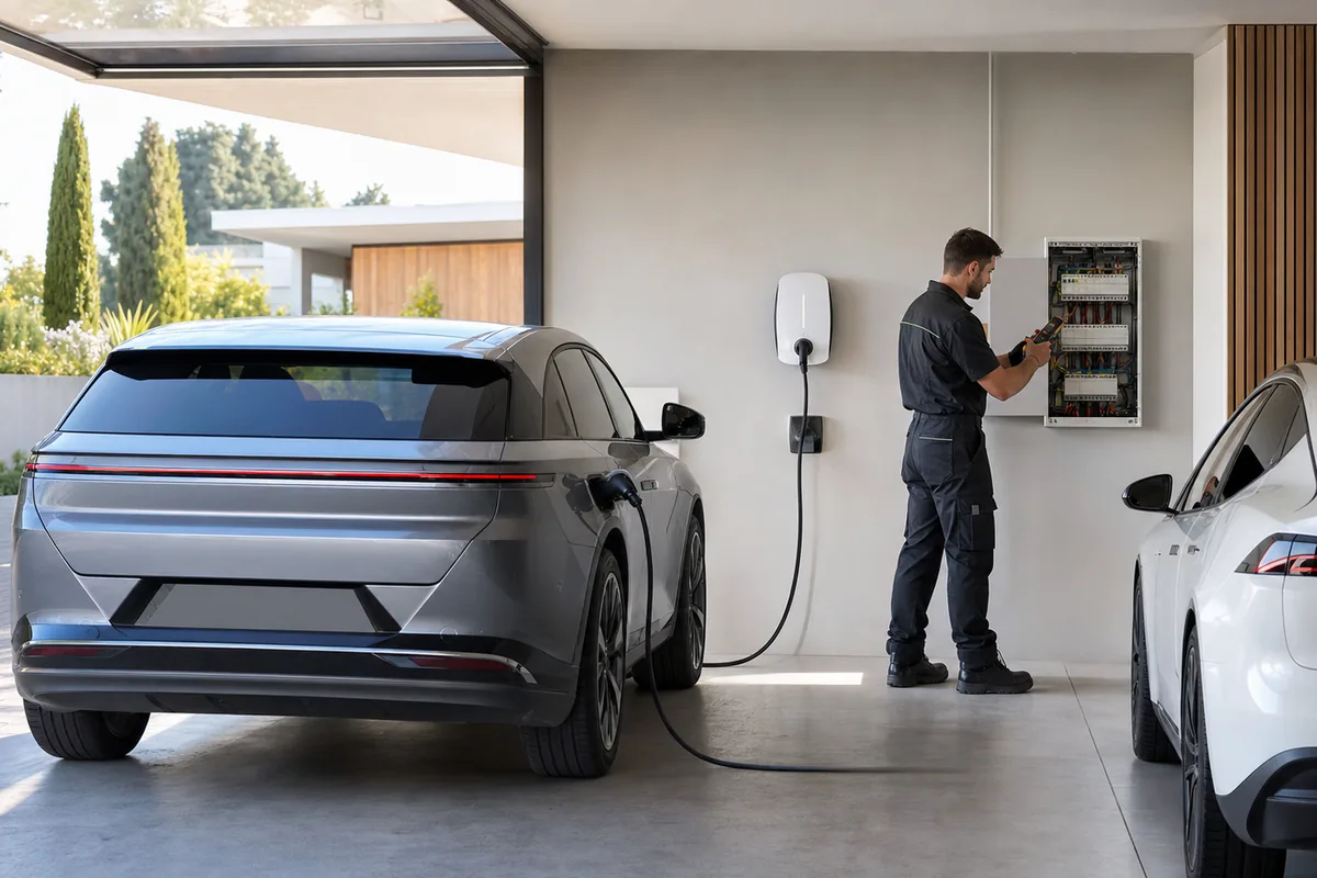 Deux voitures électriques dans un garage avec une wallbox et un électricien qui contrôle le tableau électrique
