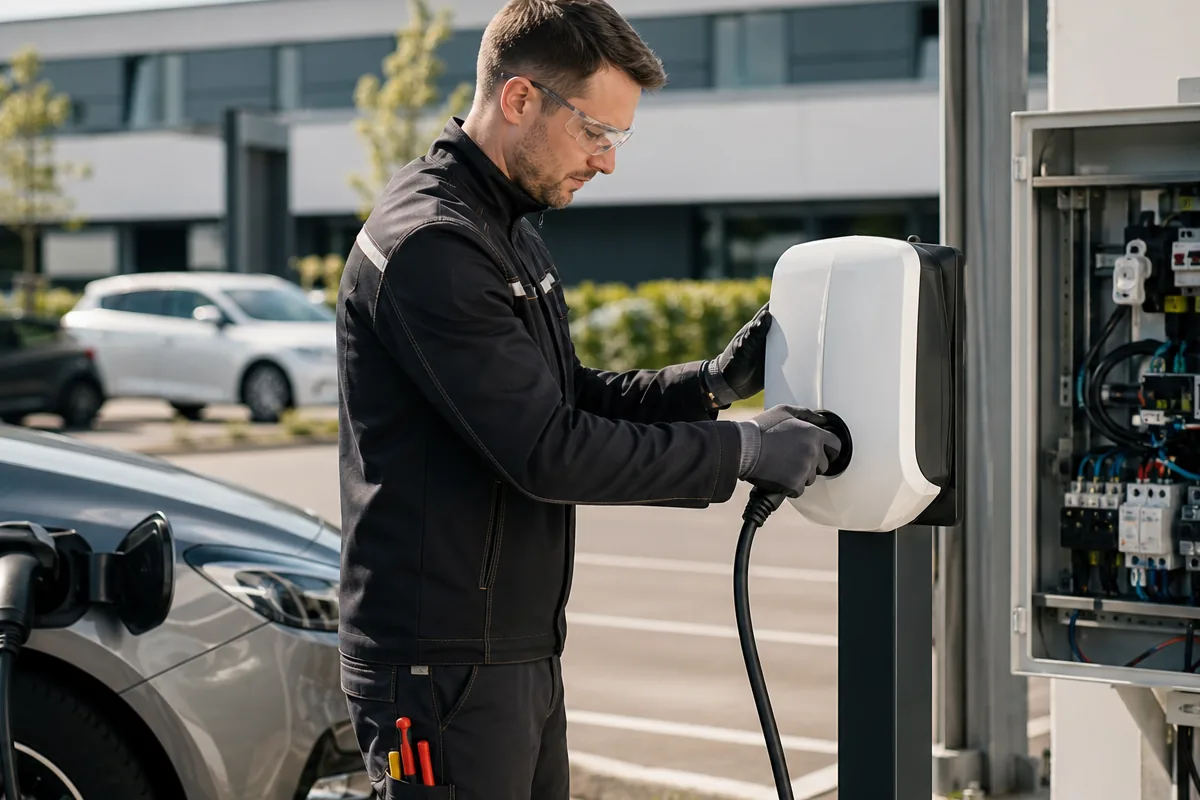 Électricien IRVE contrôlant une borne de recharge sur un parking d’entreprise