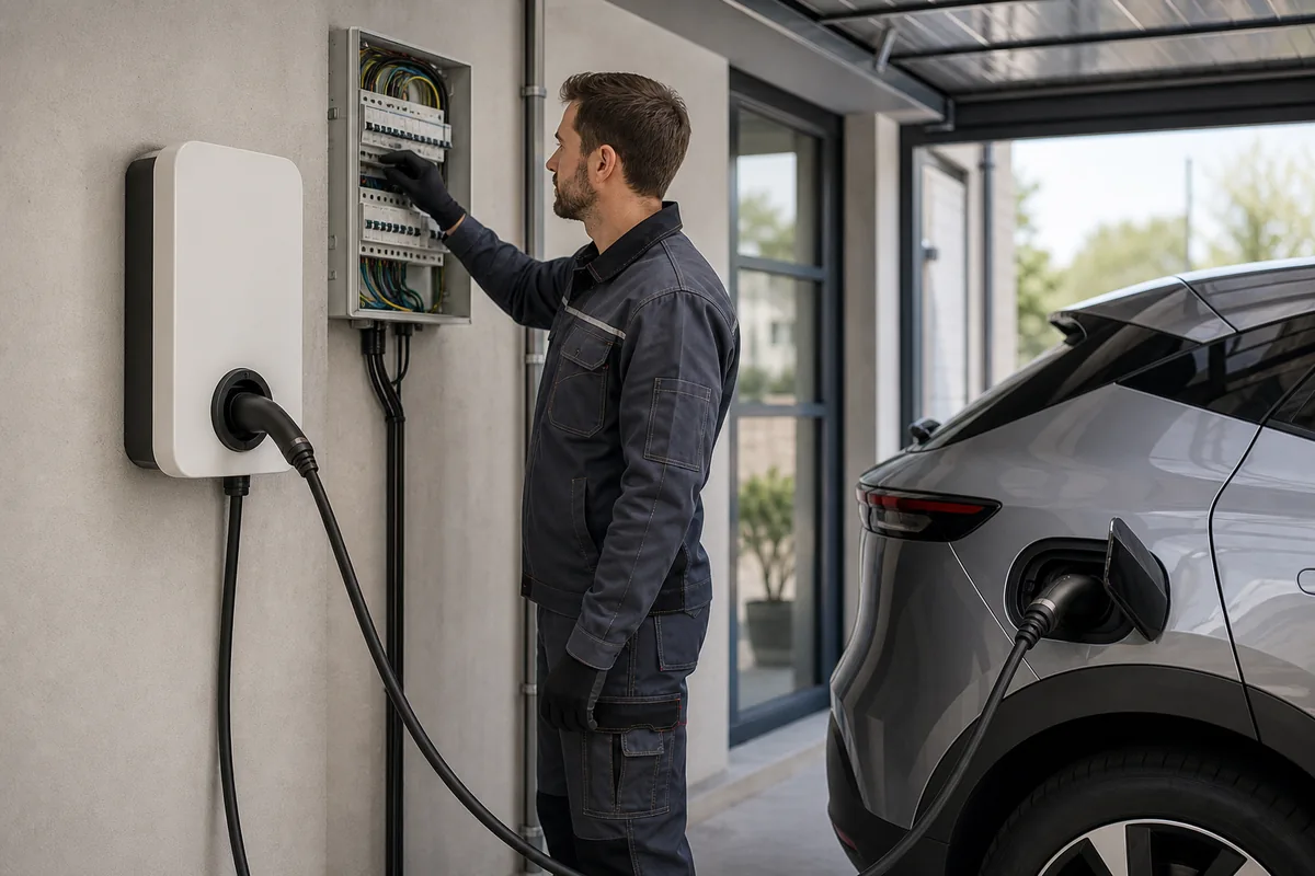 Électricien IRVE contrôlant une borne de recharge dans un local professionnel