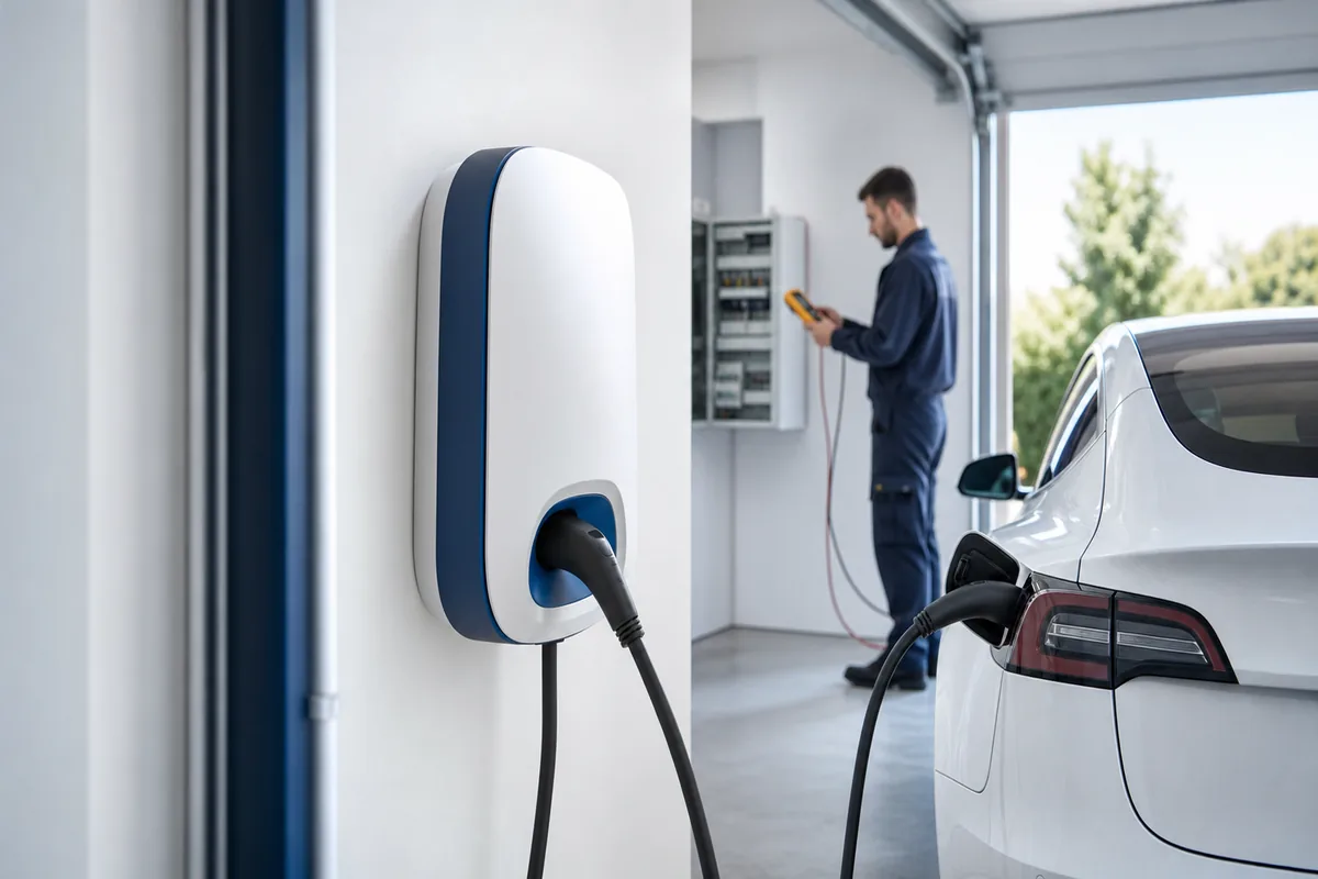 Borne de recharge murale dans un garage avec voiture électrique blanche branchée et électricien IRVE en contrôle