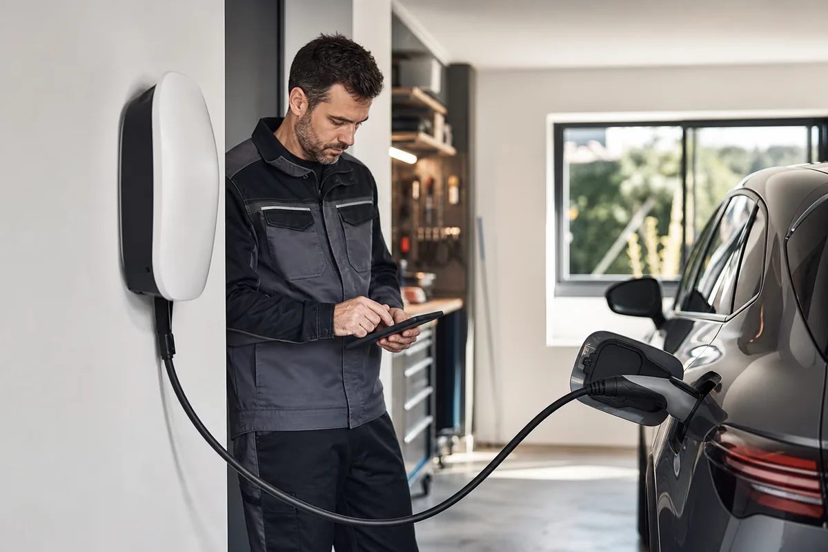 Électricien IRVE vérifiant une borne de recharge installée dans un garage pour une voiture hybride rechargeable