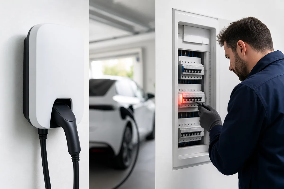 Électricien IRVE contrôlant un tableau électrique après une coupure liée à une borne de recharge