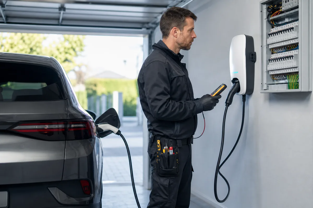 Électricien IRVE contrôlant une wallbox domestique branchée à une voiture électrique dans un garage