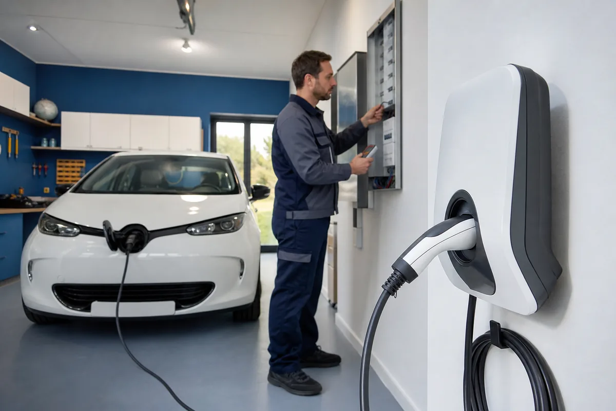 Renault Zoé électrique branchée à une borne de recharge domestique avec électricien IRVE contrôlant le tableau électrique