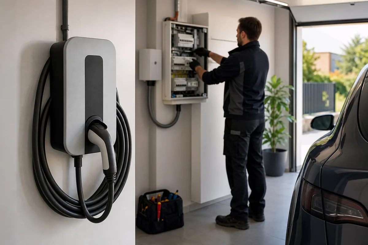 Électricien IRVE vérifiant une wallbox domestique et un tableau électrique dans un garage
