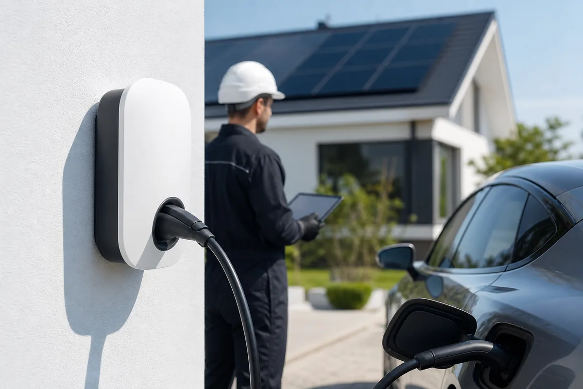 Borne de recharge murale avec voiture électrique et panneaux solaires sur une maison