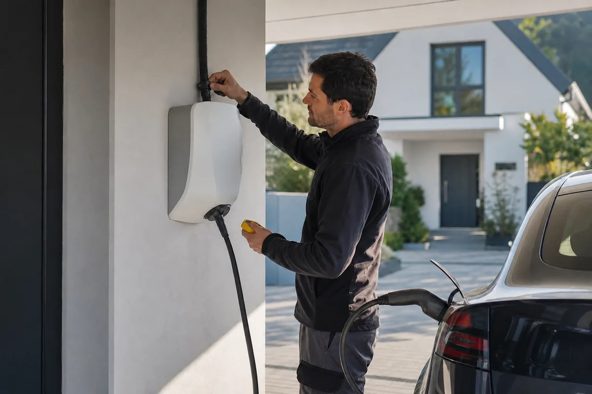 Électricien IRVE vérifiant une borne de recharge installée sous un carport résidentiel