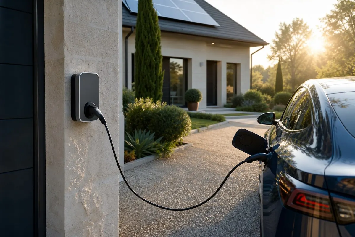 Voiture électrique branchée sur une borne à domicile avec panneaux solaires sur le toit