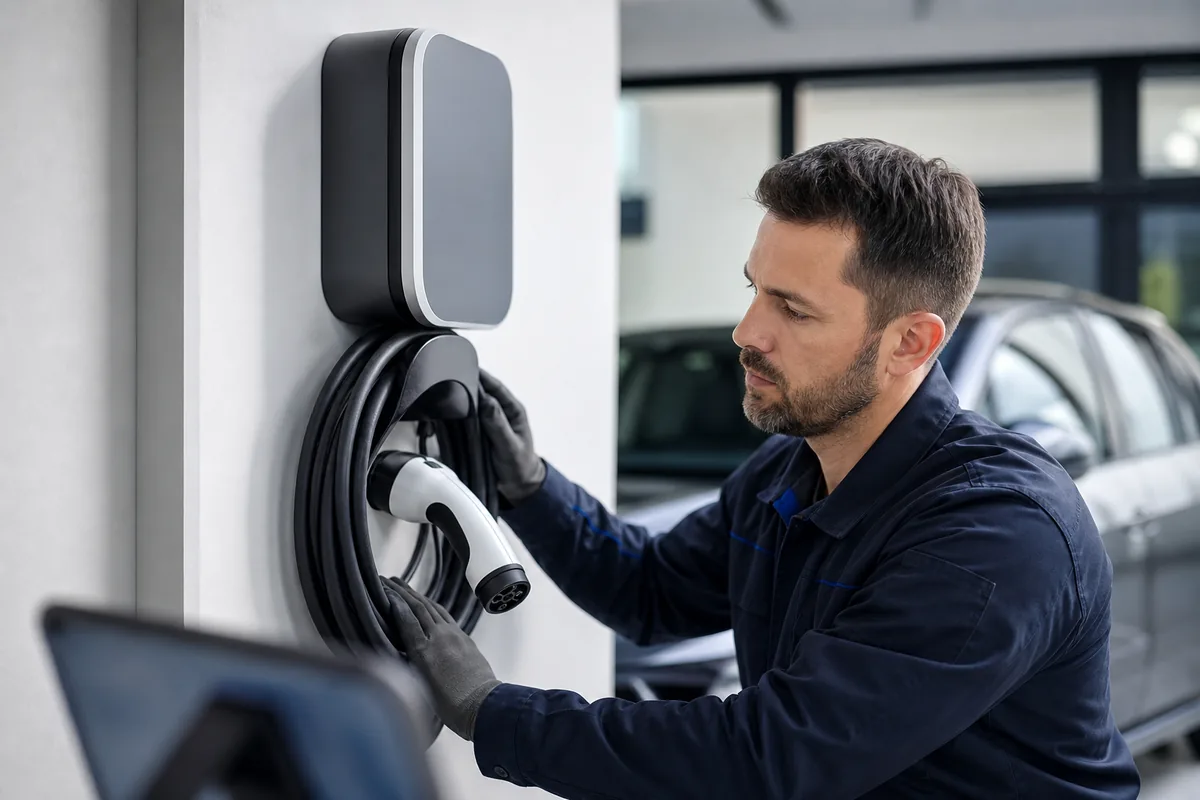 Électricien IRVE rangeant un câble de recharge Type 2 sur une wallbox domestique dans un garage