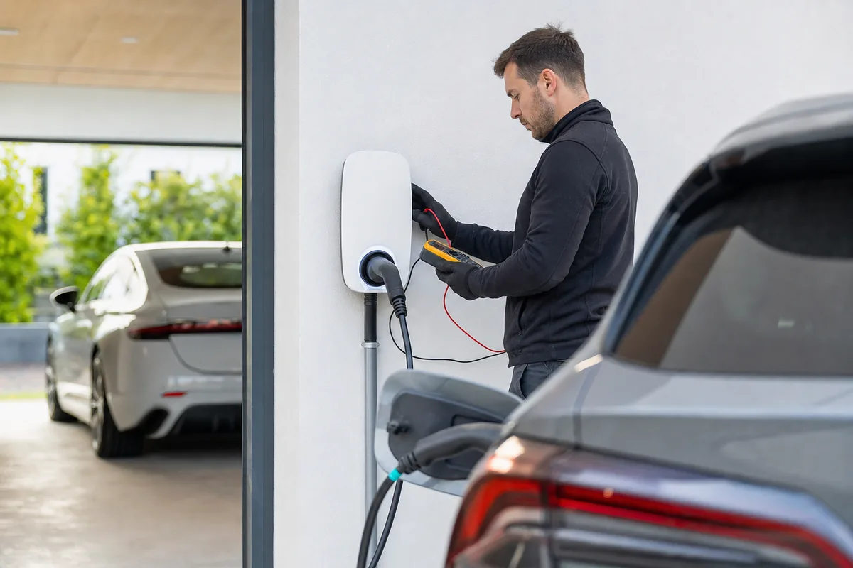 Électricien IRVE contrôlant une wallbox domestique lors d’un changement de voiture électrique