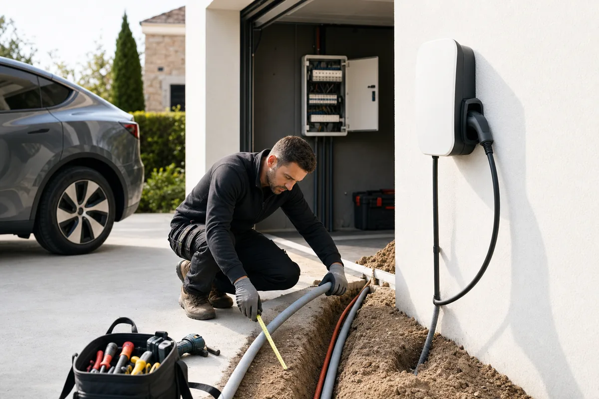 Électricien IRVE préparant une tranchée pour raccorder une borne de recharge extérieure