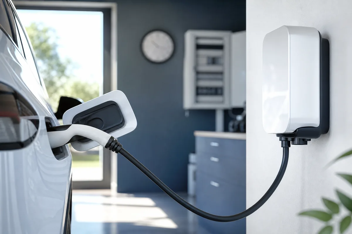 Voiture électrique en recharge à domicile sur une wallbox installée dans un garage