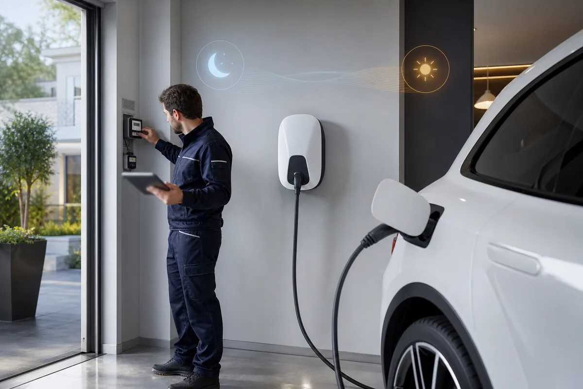 Électricien IRVE contrôlant une wallbox pour estimer le coût d’une recharge à domicile