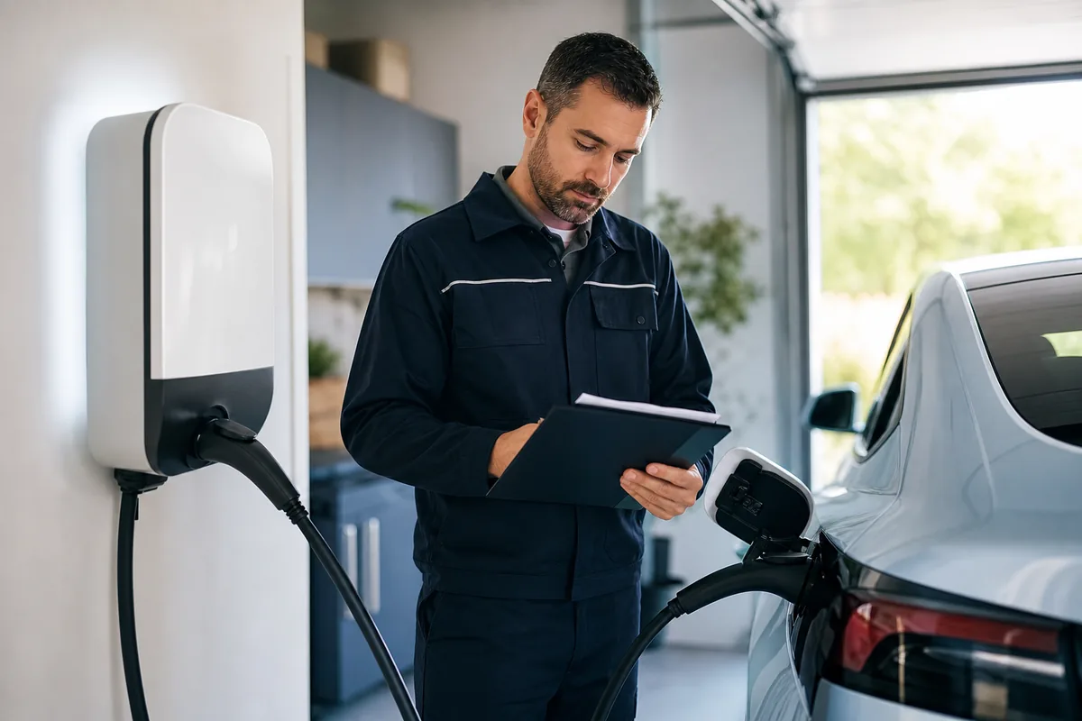 Électricien IRVE vérifiant un dossier de crédit d’impôt devant une borne de recharge résidentielle