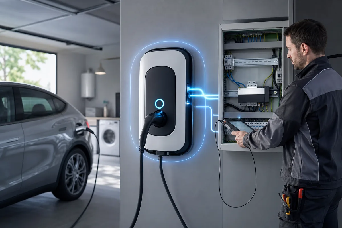 Électricien IRVE contrôlant le délestage dynamique d’une wallbox près d’un tableau électrique