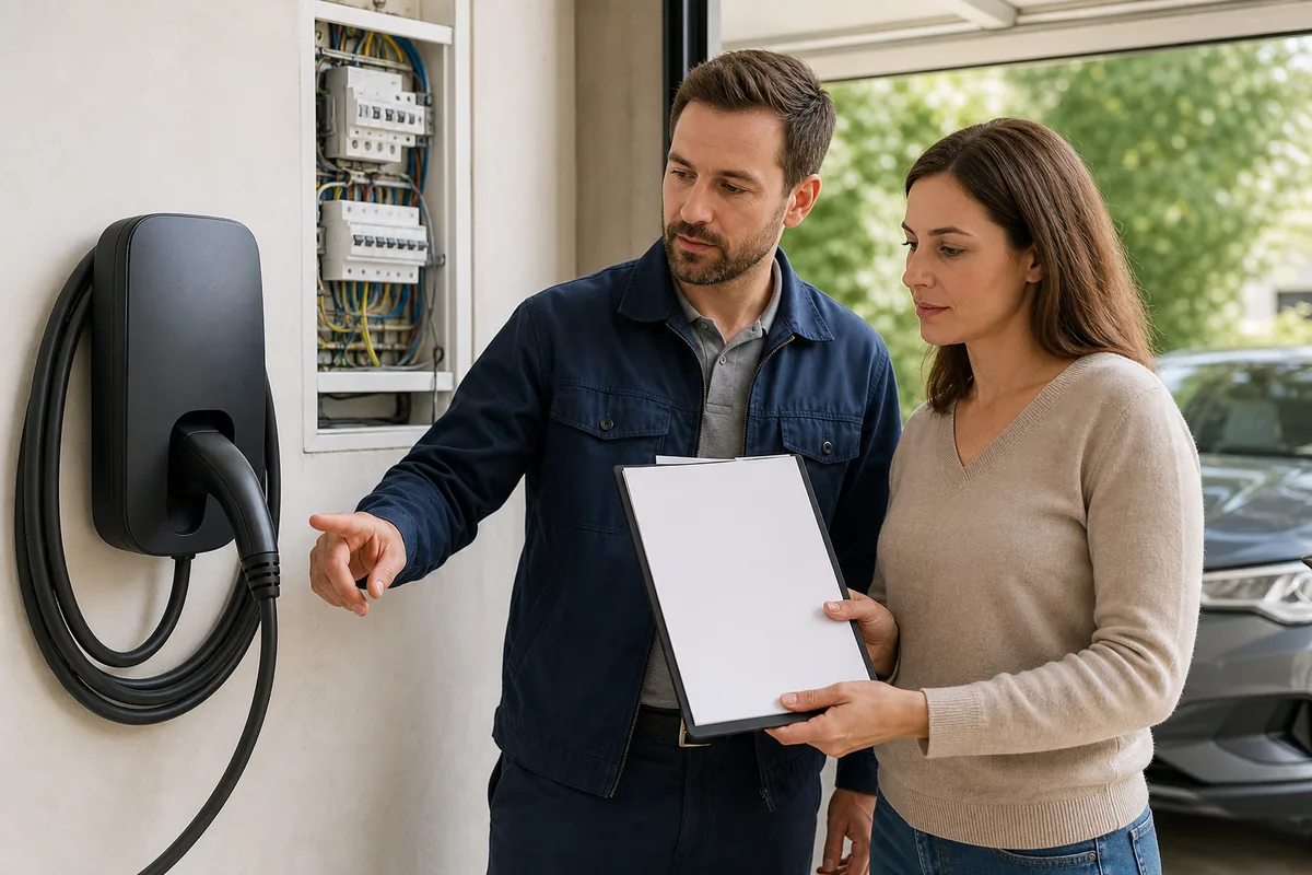 Électricien IRVE présentant une borne de recharge et un tableau électrique avant signature du devis